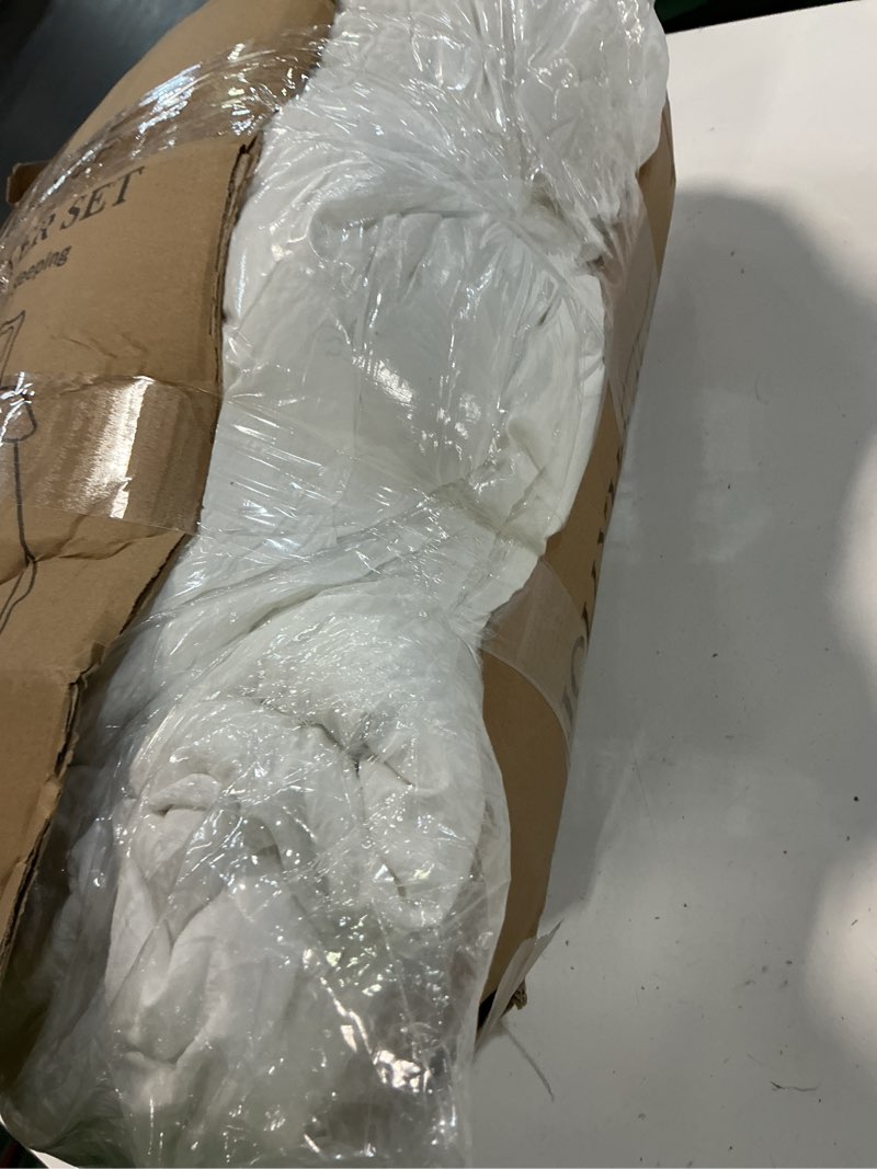 Condition photo showing Good Condition for jollyvogue king size comforter set, white seersucker 3 pieces comforters king size, lightweight & fluffy bedding sets king for all season with 1 ruffle comforter and 2 ruffle pillowshams 01 - white king(104"x 90")
