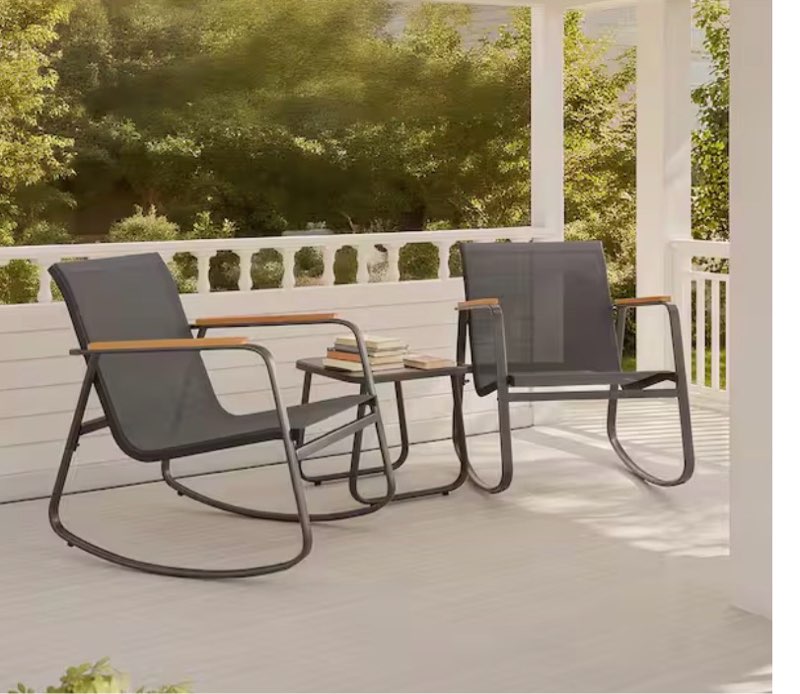 3-Piece Metal Patio Conversation Seating Set with Coffee Table, Teslin Seat Back, Armrests with Striped WPC, Black