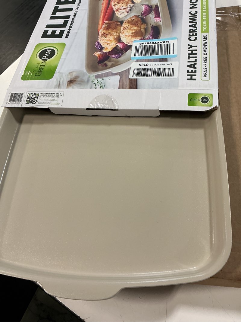Condition photo showing Good Condition for greenpan premiere ovenware healthy ceramic nonstick 18" x 13" half rectangular baking pan, pfas-free, warp-free bakeware, durable quick heating tray, oven safe to 600f, dishwasher safe, taupe 18" x 13" half sheet pan taupe