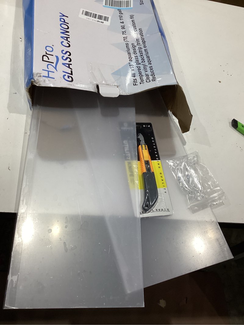 Condition photo showing As Is for h2pro glass canopy 2piece set for marineland perfecto 70/75/90/110 gallon 48x18 aquarium fish tank (eachpiece measure 22.68 x 16.93 x 0.16in), white, one pack