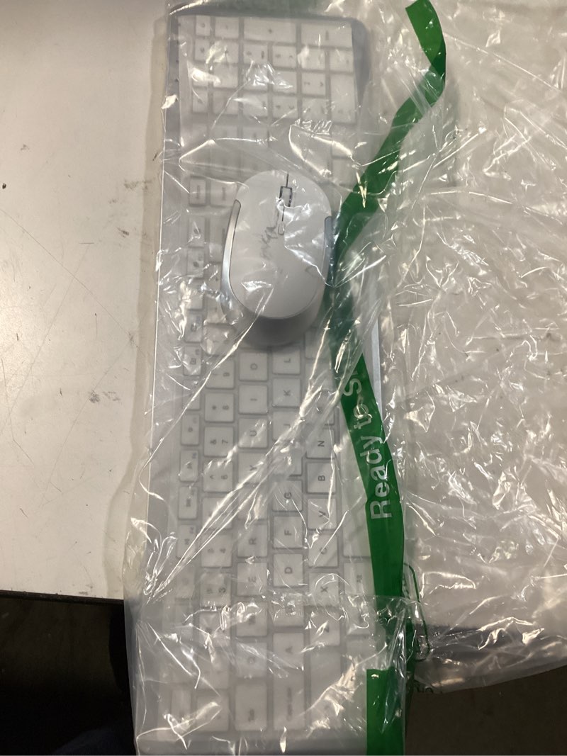 Condition photo showing As Is for wireless keyboard and mouse combo - full size slim thin wireless keyboard mouse with numeric keypad 2.4g stable connection adjustable dpi (white & silver) silver and white