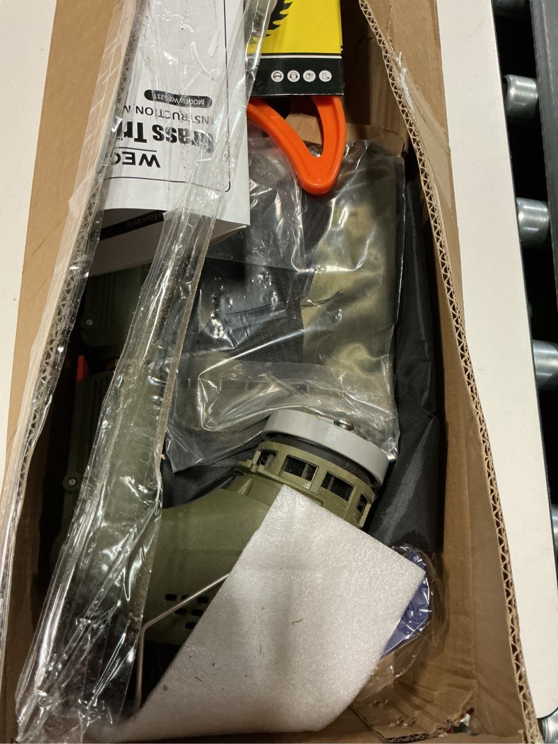 Condition photo showing As Is for 12-inch cordless string trimmer & edger, (2 x 21v 4.0ah electric brush cutter battery powered), with auxiliary bracket, side ball, 90° rotary head, telescopic handle, 3 cutting methods(weg21t)