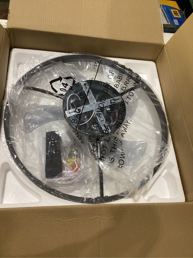 Condition photo showing New/Like New for VOLISUN Low Profile Ceiling Fans with Lights and Remote, 19.7in Flush Mount Ceiling Fan with Light, 3000K-6500K Dimmable Fandelier LED Fan Light, Black Bladeless Ceiling Fans with Lights for Bedroom Black 19.7 INCH