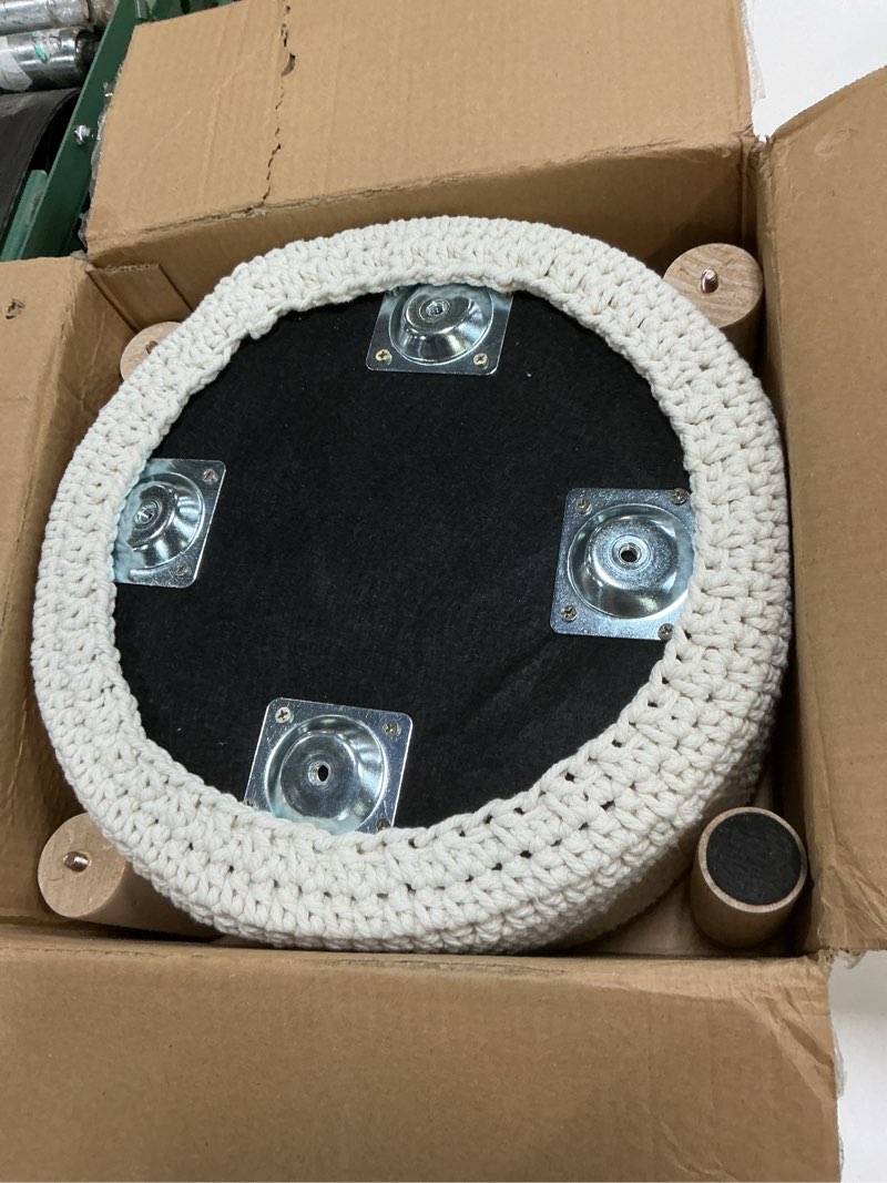 Condition photo showing Good Condition for boho ottoman foot stool cotton knitted round pouf ottoman foot rest stool with non-skid wooden legs step stool padded seat for living room white white(without storage) 13"d x 13"w x 11.3"h