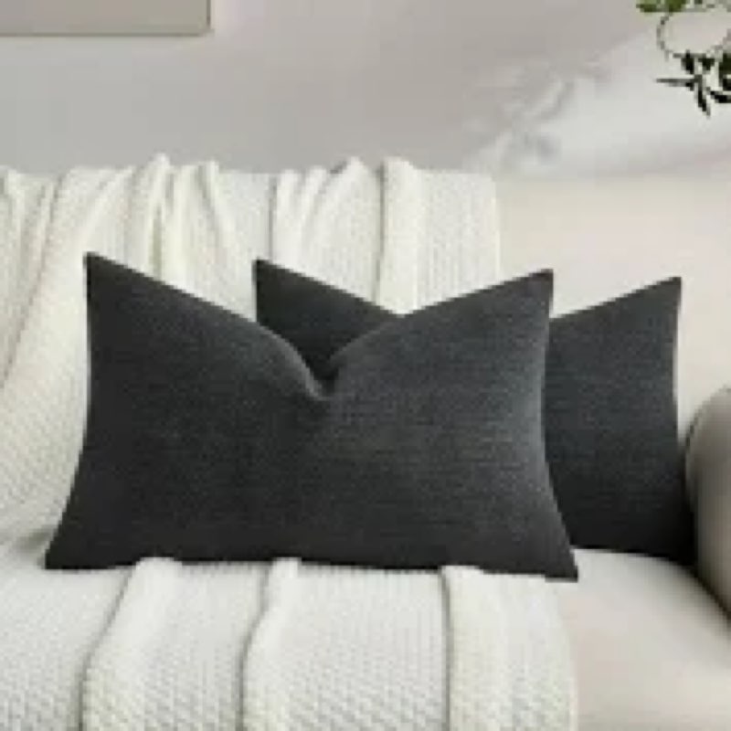 decorUhome Chenille Black Throw Pillow Covers 12x20 Inch Set of 2, Decorative Soft Couch Pillow Cove