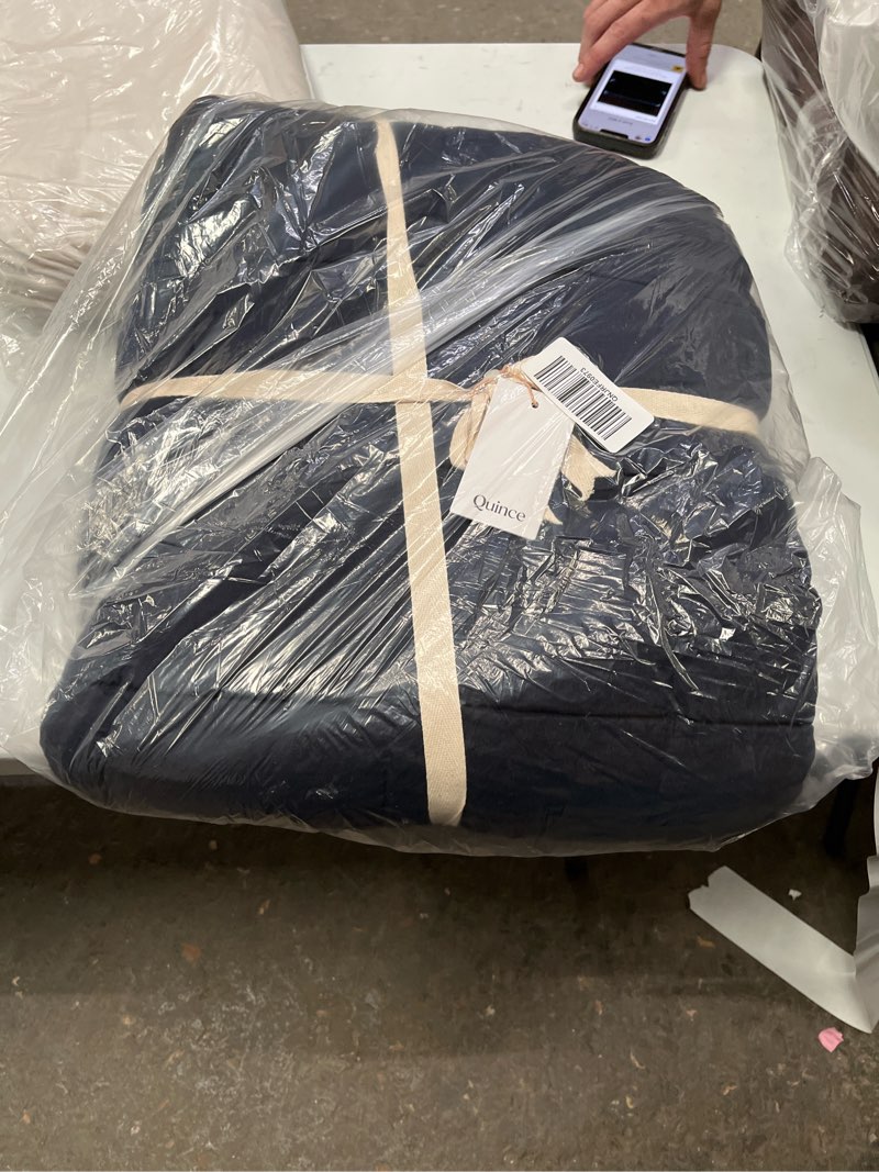 Condition photo showing Good Condition for lightweight european linen box quilt, twin, navy