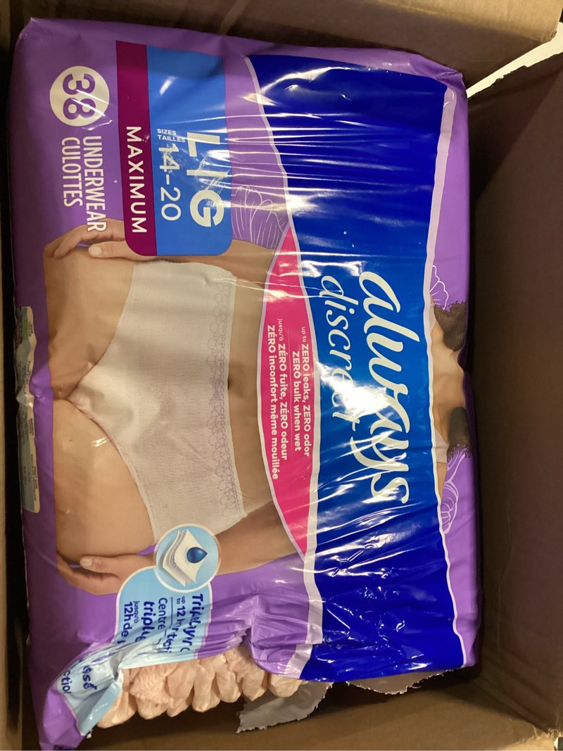 Condition photo showing As Is for Always Discreet Adult Incontinence Underwear for Women and Postpartum Underwear, Large, Up to 100% Bladder Leak Protection, 76 Count (2 Packs of 38) Large 76
