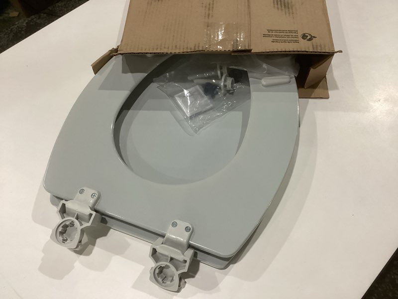 Condition photo showing New/Like New for Bemis 1500EC Durable Wood Toilet Seat with Easy Clean Hinges, Made in USA, Elongated, Silver Elongated Seat