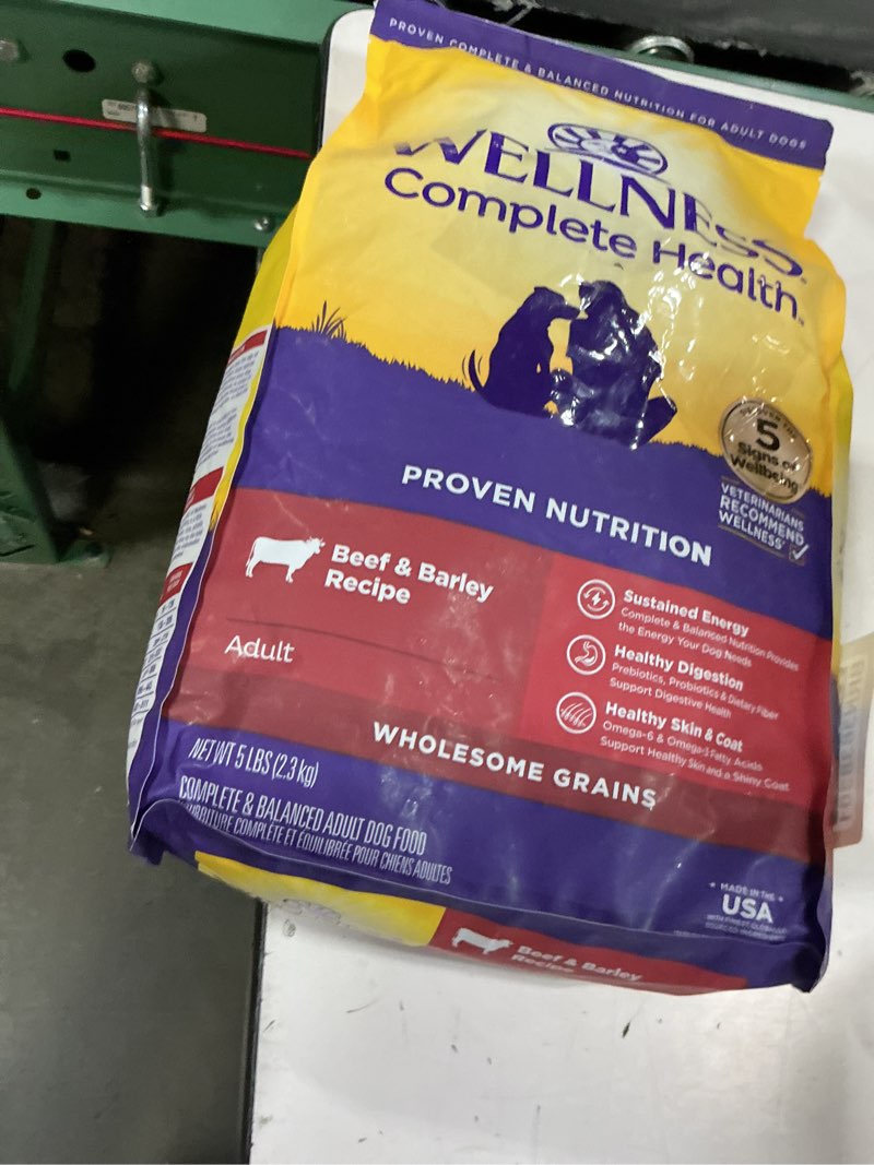 Condition photo showing New/Like New for (bbd 28/08)  wellness complete health adult dry dog food, wholesome grain kibble, natural, beef and barley recipe, 5 lb bag beef & barley 5 pound (pack of 1)