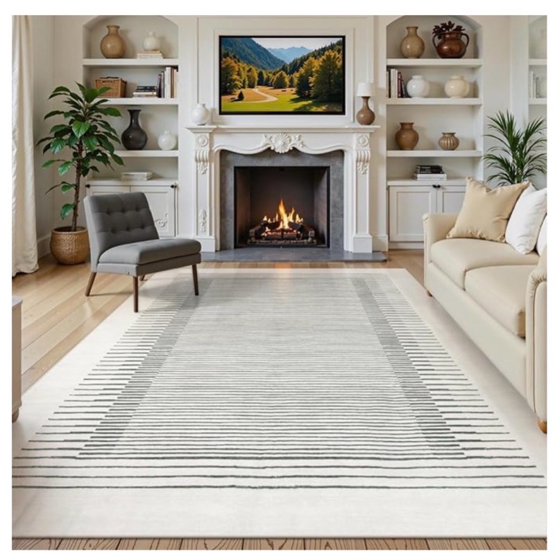 morebes black 8x10 rugs for living room, washable stain resistant geometric area rug for bedroom, modern striped non-slip low pile soft indoor carpet for office dining room department 8' x 10'