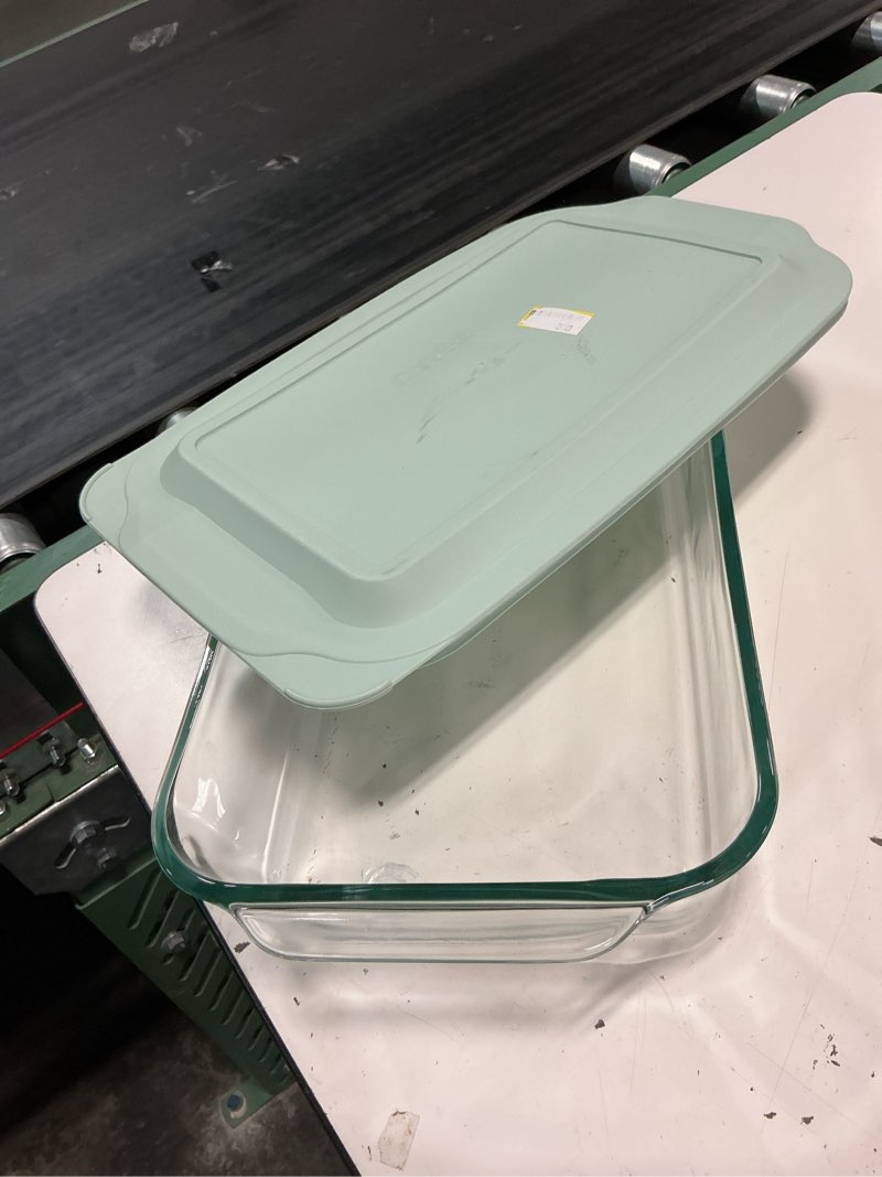 Condition photo showing As Is for pyrex 233-d 5qt glass baking dish and 233-pc sage green lid - made in usa | tempered container | bpa-free plastic cover | refrigerator safe | secure fit | resists stains | easy cleaning