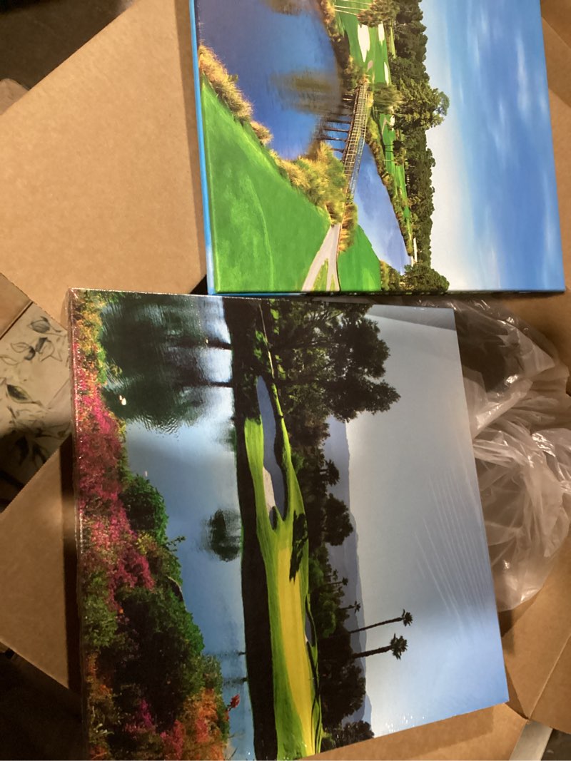 Condition photo showing Good Condition for Pankila USA Golf Course Wall Art Golf Pictures Canvas Prints Golf Course Wall Decor for Living Room Bedroom Bathroom Home Decorations Painting Framed Artwork Ready to Hang (12''W x 12''H x 4) 12"W x 12"H inch x 4 panel Green and blue and white