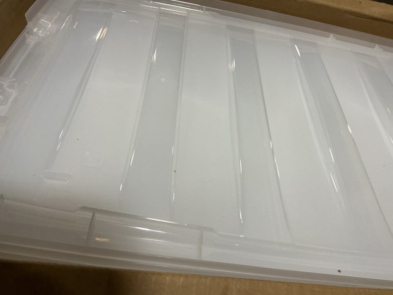 Condition photo showing Good Condition for IRIS USA 72 Qt Stackable Plastic Storage Bins with Lids, 6 Pack - BPA-Free, Made in USA - See-Through Organizing Solution, Latches, Durable Nestable Containers, Secure Pull Handle - Clear Clear 72 Qt 6 Pack