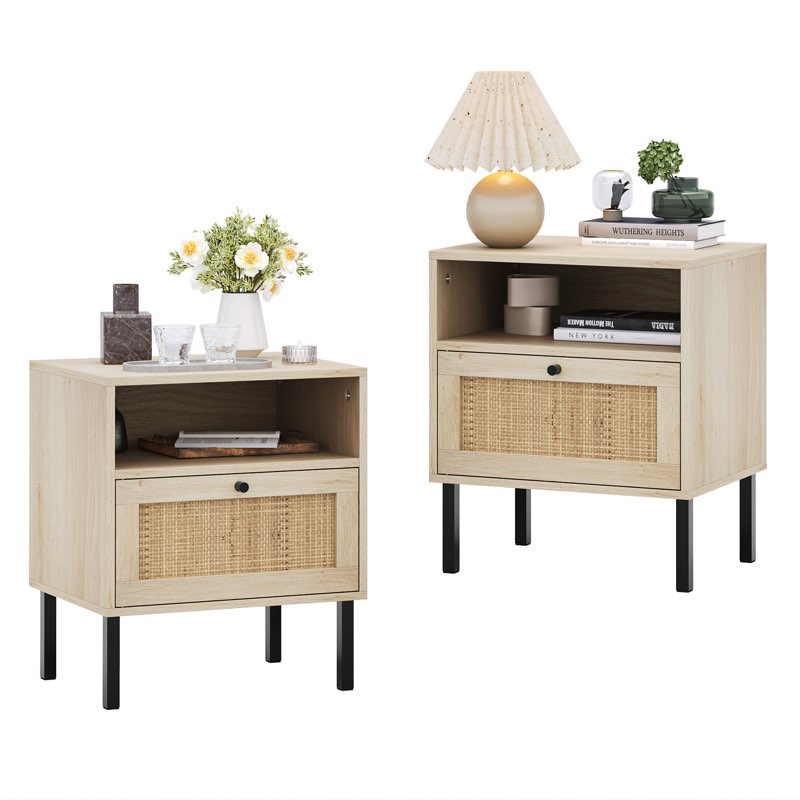 aimara rattan nightstand set 2, bedside table with open shelf and door, boho end table
