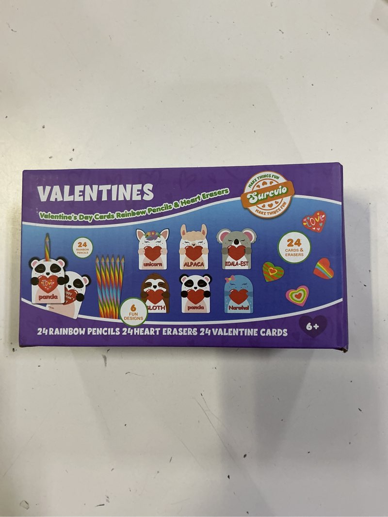Condition photo showing New/Like New for 24 Pack Unicorn Valentines Day Cards for Kids, 24 Rainbow Pencils + 24 Heart Erasers Stationery Valentines Classroom Exchange Party Favors Valentines Card Gifts for Boys Girls School Style 4