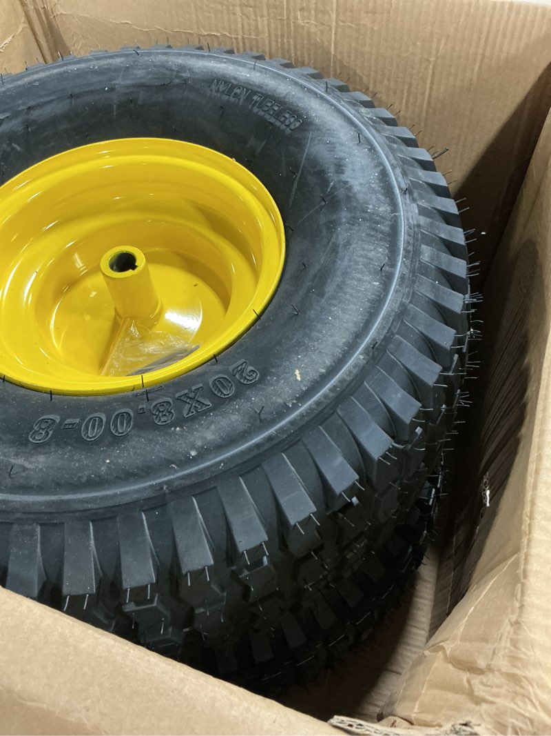 Condition photo showing Good Condition for (2-pack) 20x8.00-8 rear tire and wheel assemblies - 4 ply tubeless tire compatible replacement for riding lawn mowers - 3/4" borehole, 3.5" offset hub and 3/16" keyway 20 x 8.00-8" tubeless (offset hub) yellow