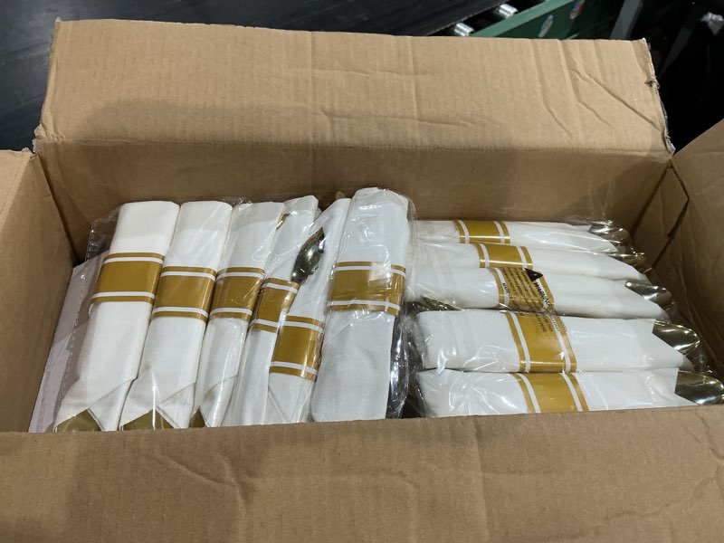 Condition photo showing Good Condition for liacere 350pcs gold plastic plates-disposable white and gold plates 50guest baroque plastic dinnerware include 100plates, 50pack pre rolled napkins with silverware 50cups for wedding & mothers day
