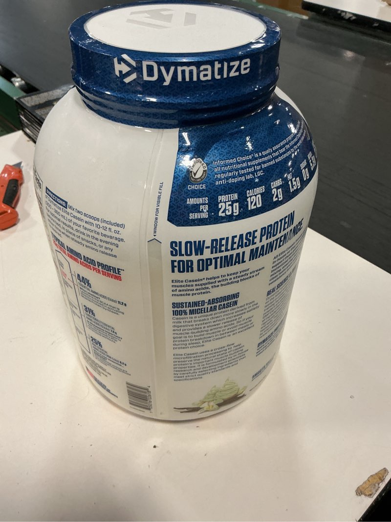 Condition photo showing New/Like New for Dymatize Elite Casein Protein Powder, Vanilla, 100% Micellar Casein, 25g Protein, 5.4g BCAAs, 2.3g Leucine, Slow Absorbing for Overnight Muscle Recovery, 4 lb (55 Servings)