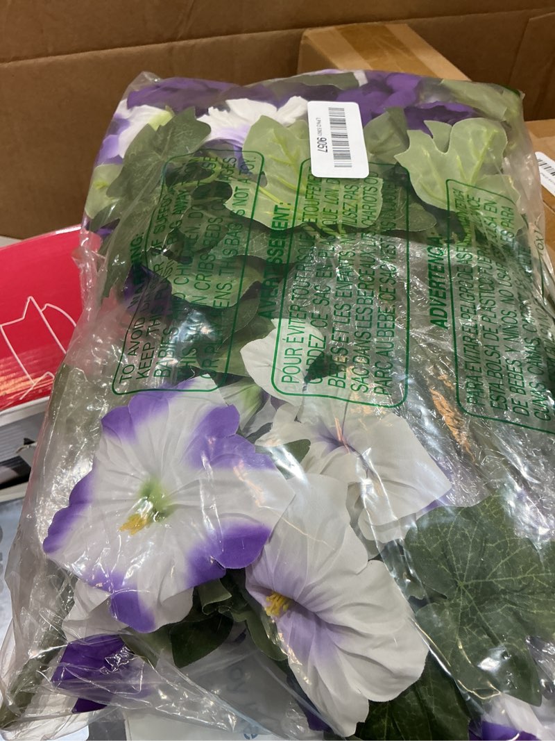 Condition photo showing New/Like New for martine mall artificial flowers for outdoors, 4 bundles realistic fake outdoor flowers, uv resistant silk petunia flower for outside look real faux flower plants for outdoor porch decor, purple white purple white 4 bundles