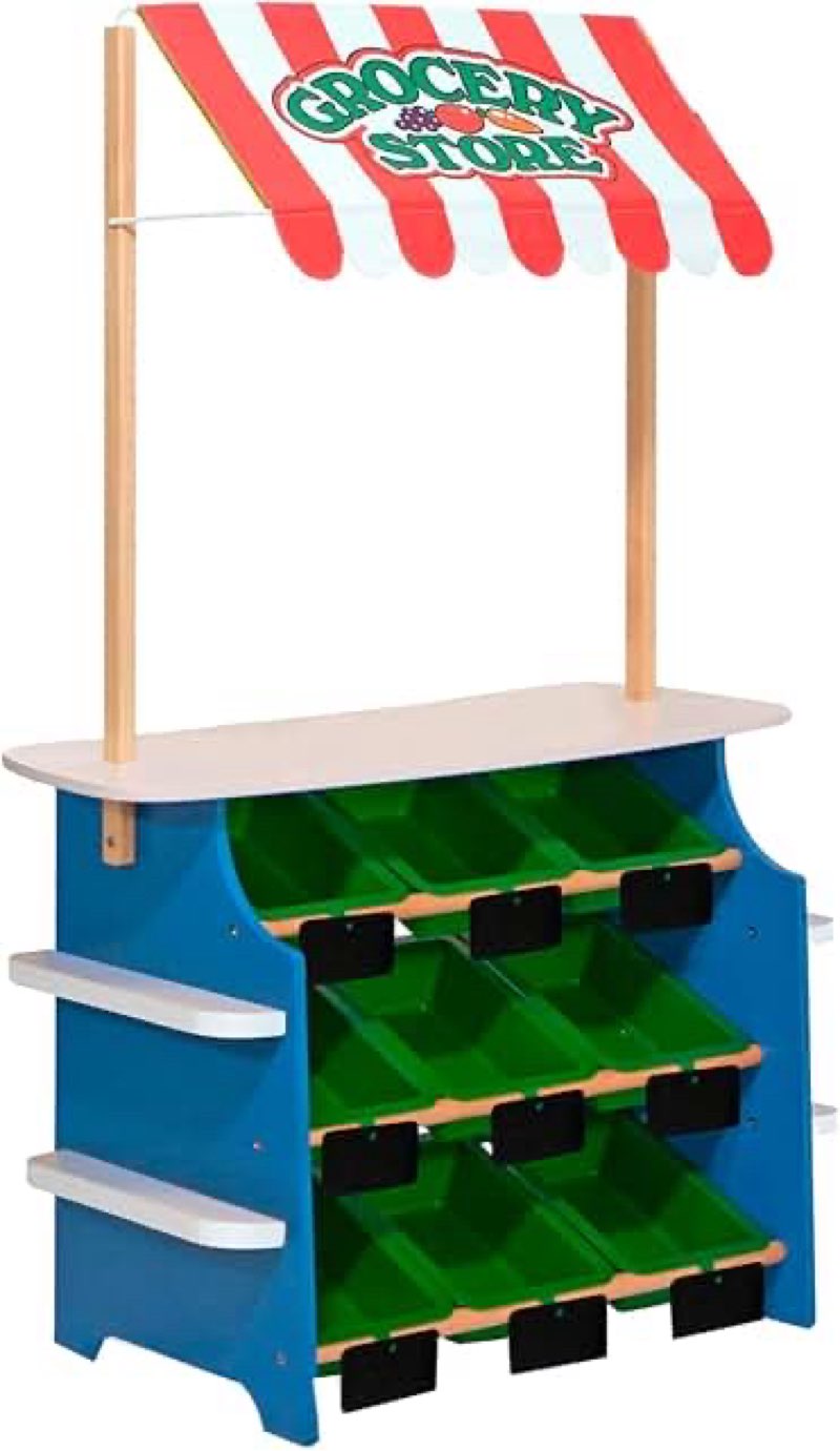 melissa & doug wooden grocery store and lemonade stand - reversible awning, 9 bins, chalkboards