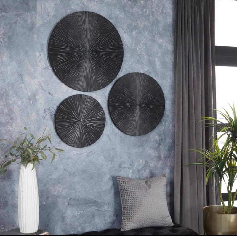 Wood Black Carved Radial Plate Wall Decor (Set of 3)
