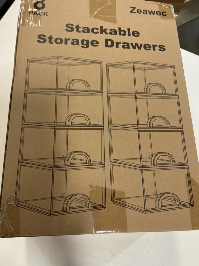 Condition photo showing New/Like New for 8 pack small clear stackable acrylic storage boxes for art tool & sketch, storage drawers, storage organizer, clear plastic makeup organizer, ideal for vanity, cabinet, desk organization