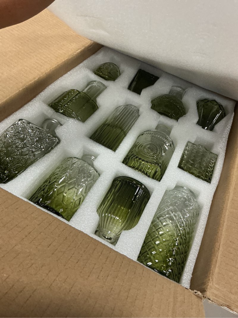 Condition photo showing Good Condition for set of 12 glass bud vase set, small vintage clear flower vase centerpieces for table bulk cute rustic style mini vase for home decor wedding baby shower birthday party(ombre green) ombre green 12