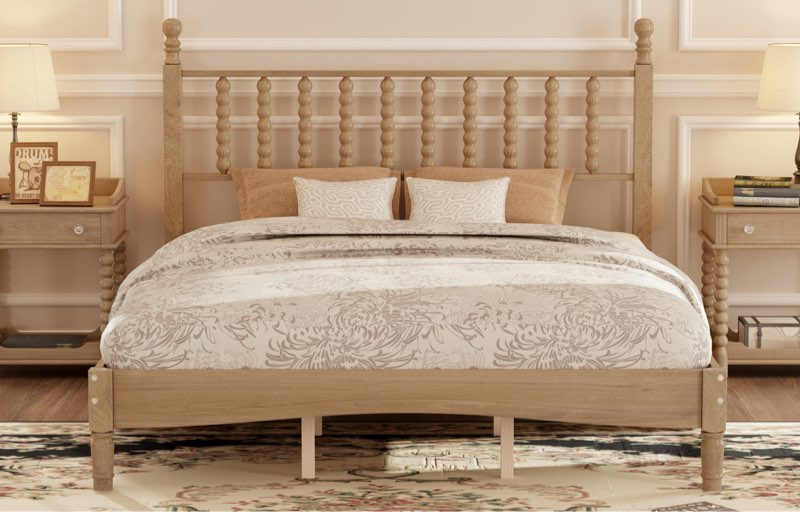 queen size wood platform bed with gourd shaped headboard,retro style platform bed with wooden slat support,natural(incomplete)