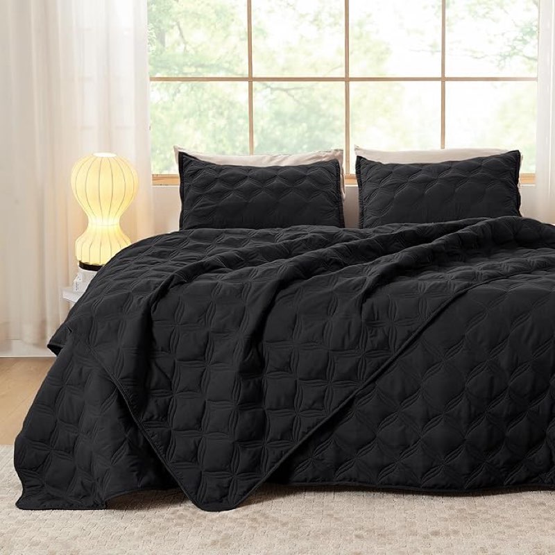 litanika oversized king quilt bedding set, 128x120 inch super king black comforter bedspreads lightweight bed coverlets boho bedding cover decor all season,3 pieces (1 quilt, 2 pillowcases)