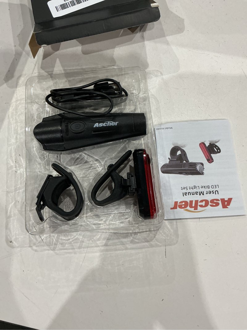 Condition photo showing Good Condition for ascher ultra bright usb rechargeable bike light set, powerful bicycle front headlight and back taillight, 4 light modes, easy to install for men women kids road mountain cycling black 1 set