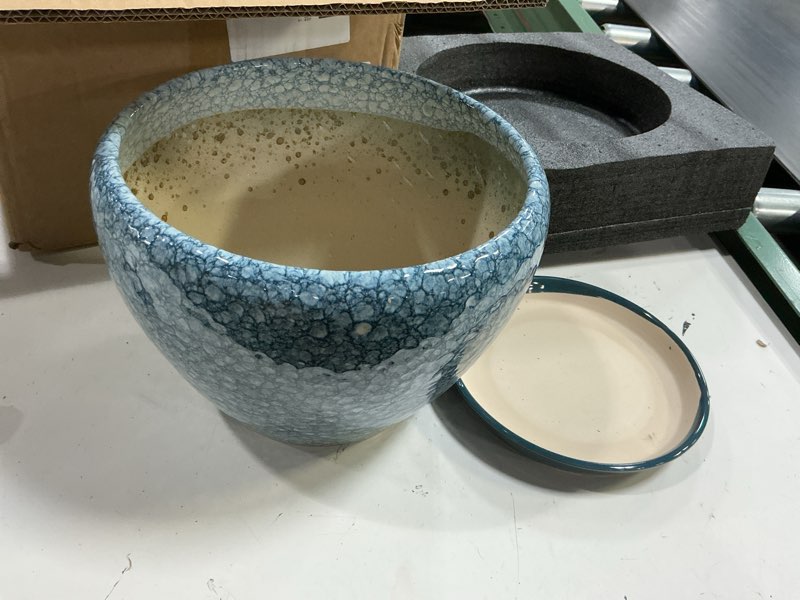Condition photo showing New/Like New for 10 inch plant pot - ceramic pots for plants with drainage hole and saucer, ceramic planters for indoor outdoor plants, round flower pots, entryway decor, gifts for plant lovers, stone blue 10 inch stone blue