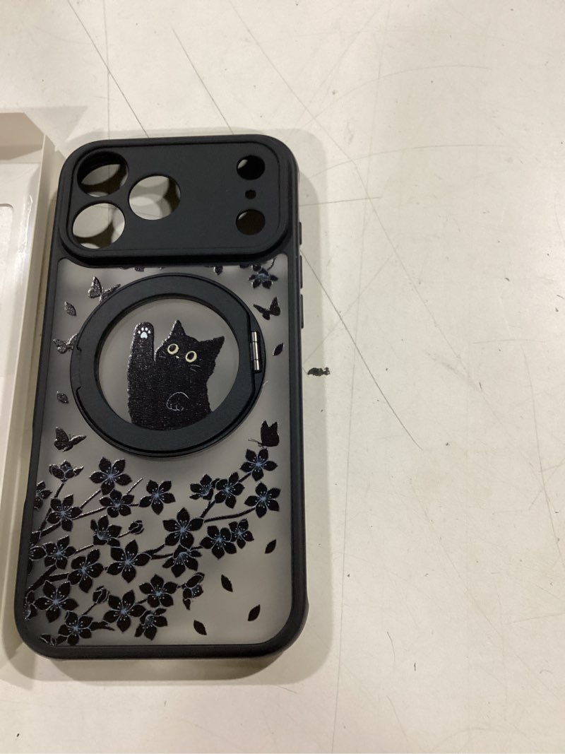 Condition photo showing New/Like New for Cute Case for iPhone 17 Pro Max Case with Stand [ Compatible with MagSafe ] Kawaii Black Cat & Floral & Butterflies Pattern Design 360 Magnetic Ring Kickstand Phone Cover for Women Girls Boys Black Cat & Floral iPhone 17 Pro Max (6.9 inch)