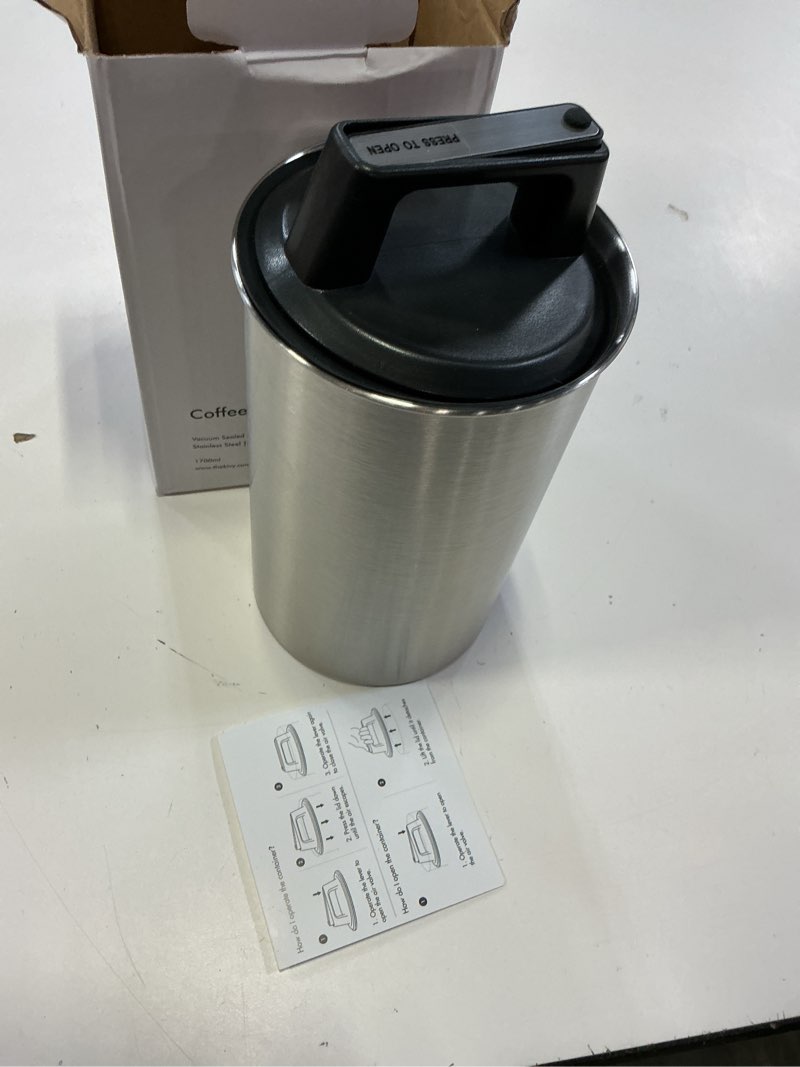 Condition photo showing Good Condition for kivy vacuum coffee canister - push lid preserves coffee aroma & oil - stainless steel airtight coffee canister - removes excess air brushed steel medium