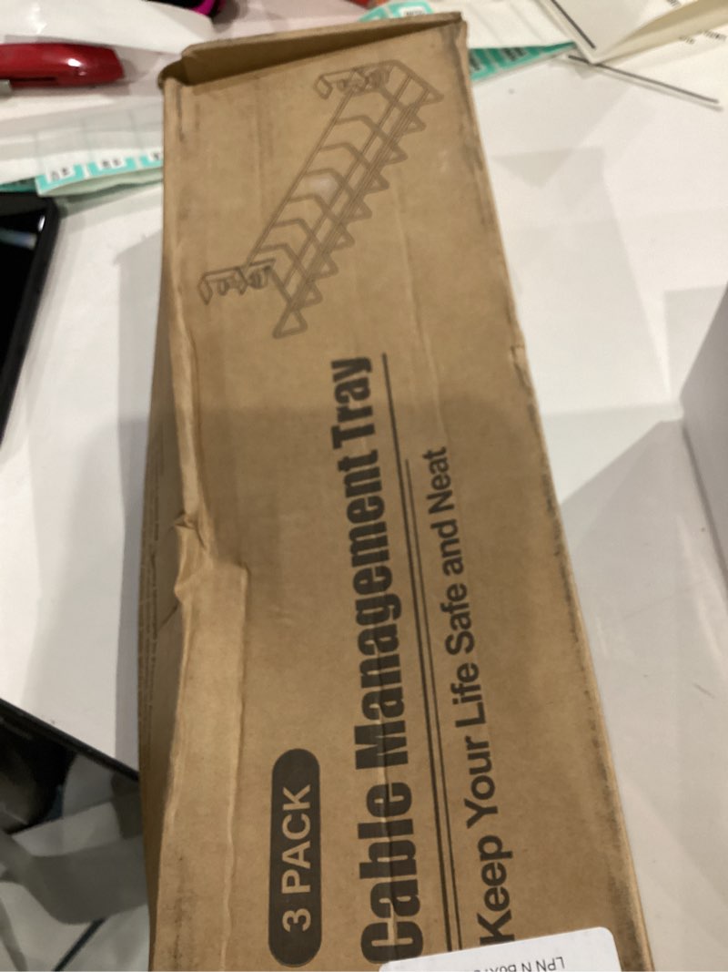 Condition photo showing Good Condition for 3 Pack Cable Management Under Desk Tray, 47.1" No Drill Under Desk Wire Management with Upgraded Clamp, Metal Cord Organizers with Cable Organizers, PC Cord Organization Rack, Black 3 Pack Black