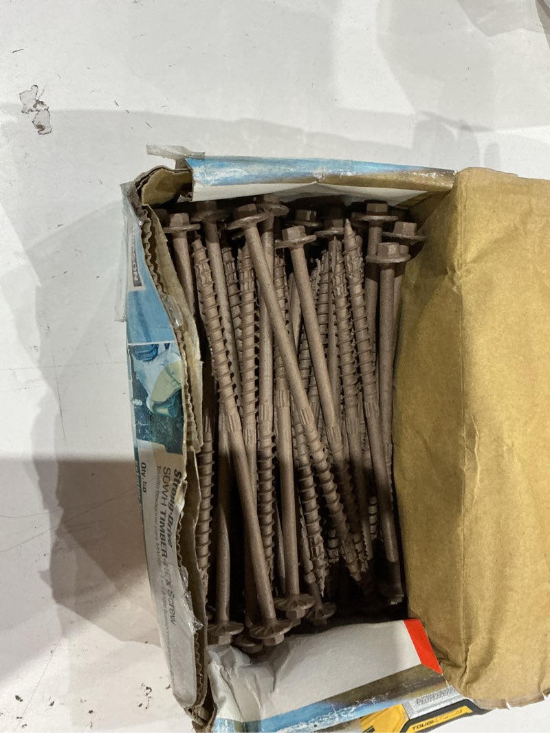 Condition photo showing As Is for 0.195 in. x 6 in. 5/16 hex, washer head, strong-drive sdwh timber-hex wood screw, db coating in tan (50-pack)