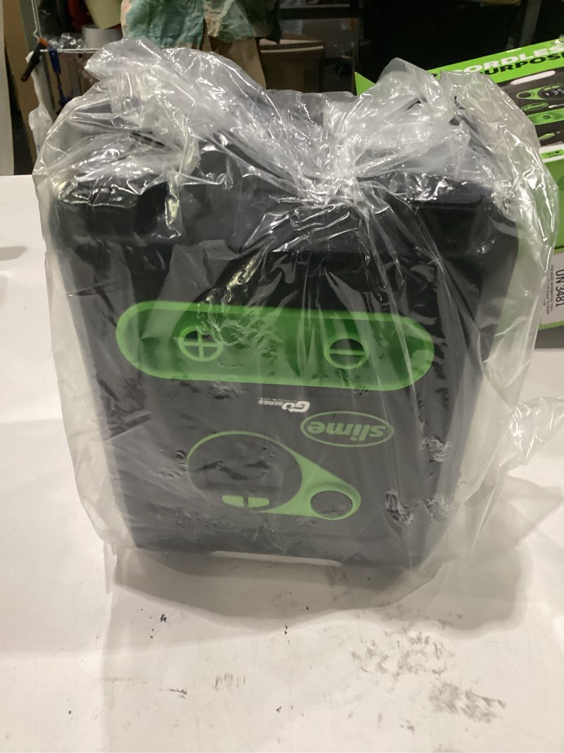 Condition photo showing New/Like New for slime 40085 tire inflator, cordless, multi-purpose, portable air compressor pump, auto shut-off, lithium ion battery and led light, rechargeable, 6 min inflation cordless multi-purpose