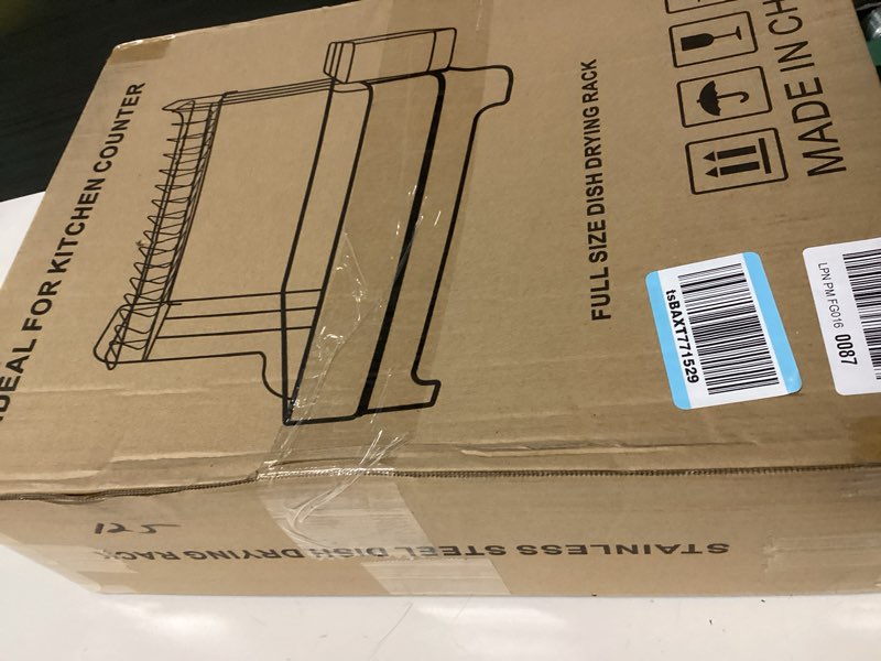 Condition photo showing New/Like New for Extra Large Two Tier Stainless Steel Dish Drainer Drying Rack with Drainboard for Kitchen Counter, Modern Black and Silver, Rust Proof Metal, Space Saving Double Countertop Big Plates Dryer and Tray 2 Tier-Extra Large