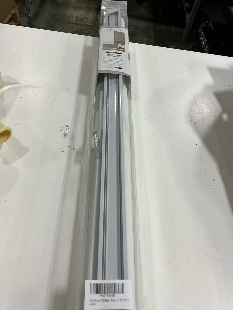 Condition photo showing Good Condition for chrisdowa cordless 100% blackout roller shade, with striped jacquard, thermal insulated, uv protection fabric, total blackout blinds for window, french doors, home and office. white, 32" w x 72" h 32"w x 72"h white