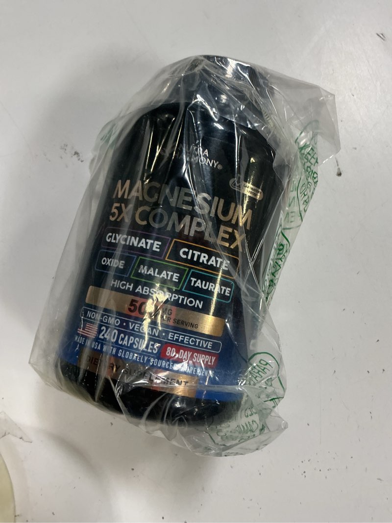 Condition photo showing New/Like New for b.b 03/28)) magnesium supplement - 5 in 1 complex 500 mg | glycinate | citrate | malate | taurate | oxide - made in usa - stress, muscle & heart support - vegan, natural, non-gmo - 240 capsules 240 count (pack of 1)