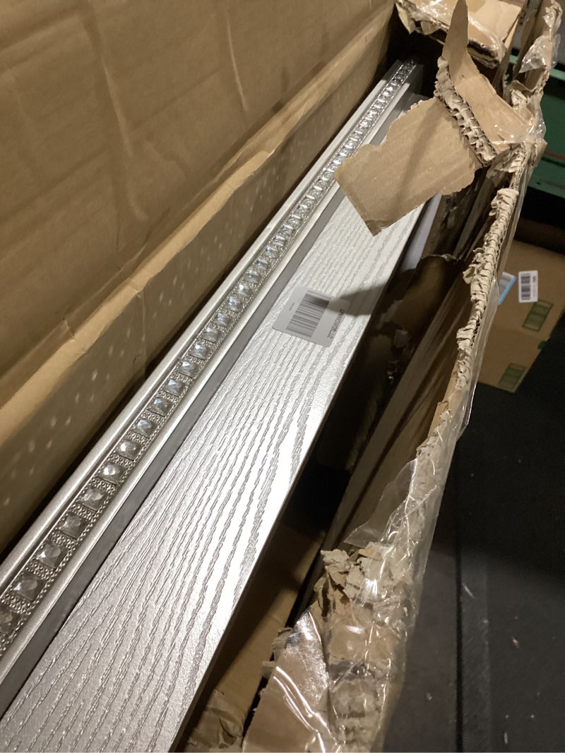 Condition photo showing As Is for KEIKI 5-Piece Counter Height Dining Table Set with Square Table and 4 Upholstered Chair, for 4 Person, Modern Crystal Decoration Wooden Table Set, Easy Assembly, for Kitchen, Dining Room, Silver Grey Silver Grey 34.5"L x 34.5"W x 36"H