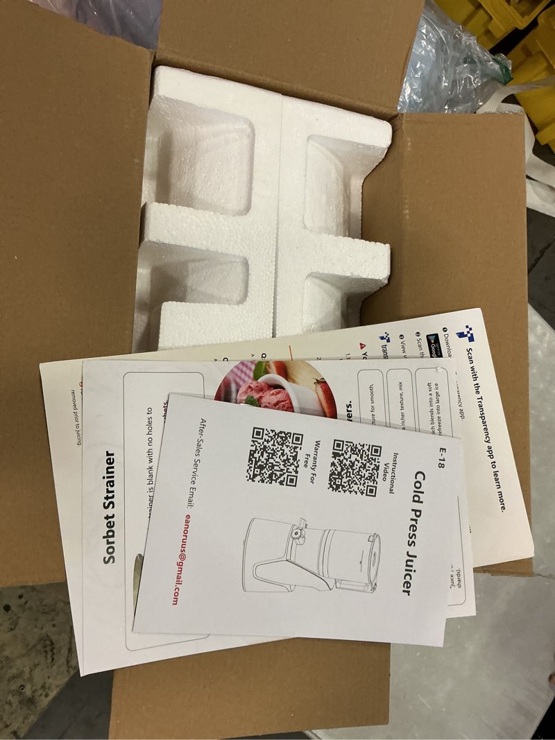 Condition photo showing New/Like New for eanoruus juicer machines, 3-in-1 cold press juicer with 6.5" extra large chute, 100oz large capacity, ac motor, makes juice, nut milk & sorbet, premium gray