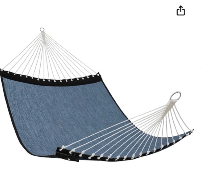 Accessories Currently unavailable. We don't know when or if this item will be back in stock. Deliver to United States Add to Wish List                       Patio Watcher 13 FT Quick Dry Olefin Hammock - Outdoor Double Hammock with Metal Curved Spreader Bars - 450 lbs Capacity - Dark Blue Patio Watcher 13 FT Quick Dry Olefin Hammock - Outdoor Double Hammock with Metal Curved Spreader Bars - 450 lbs Capacity - Dark Blue