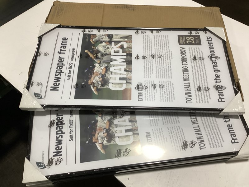 Condition photo showing Good Condition for Goldfinch 4 Packs, 11x22 Newspaper Frame to Hold Assorted Media, Article Cover Frame with Polished Plexiglass, Includes Installed Wall Hangers (4, Black)