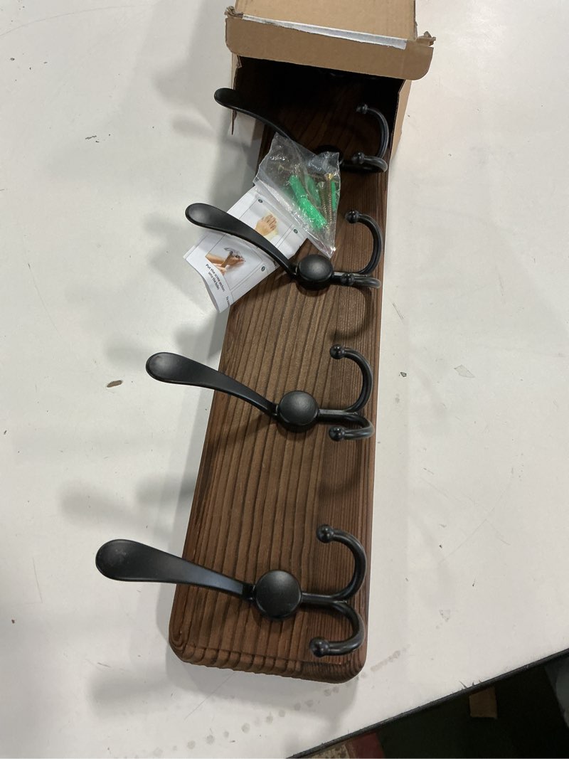 Condition photo showing Good Condition for Rustic 38.6" Large Coat Rack Wall Mount, Long Wood Coat Hooks with 10 Triple Hooks, Heavy Duty Wooden Coat Hanger Wall Mount for Entryway, Farmhouse Hanging Jackets, Coats, Hats, Bags,Towel Brown Plate & Black Hook 10 hooks-1 items