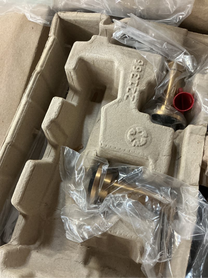 Condition photo showing As Is for (it comes incomplete, it comes without the sink )moen greenfield brushed gold two-handle widespread bathroom sink faucet, tv6507bg