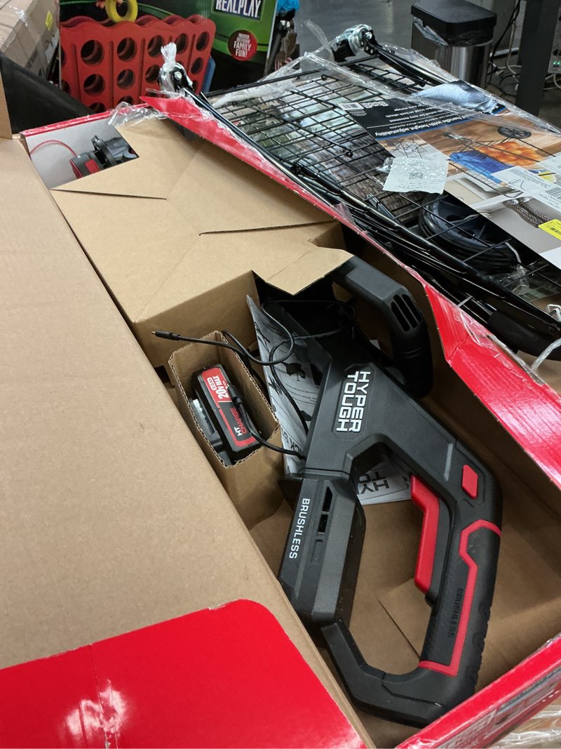 Condition photo showing As Is for hyper tough 12" 20v brushless cordless string trimmer with 20v max 2.0ah battery and charging cable