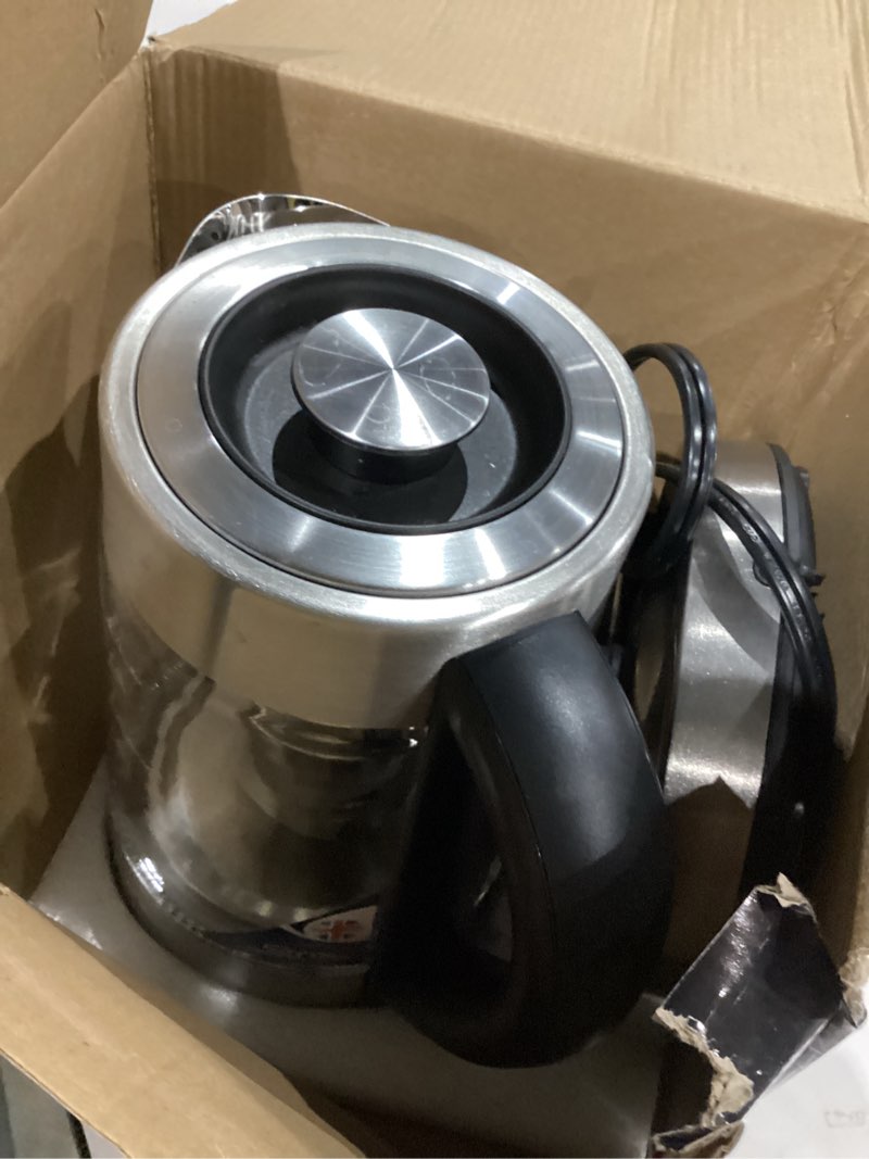 Condition photo showing Good Condition for OVENTE 1.7L Electric Tea Kettle with Removable Infuser, Variable Temperature Control, Keep Warm Function, 1500W Fast Heating Water Boiler, BPA Free Borosilicate Glass & Easy to Fill Lid, Silver KG733S Silver 1.8 Quarts