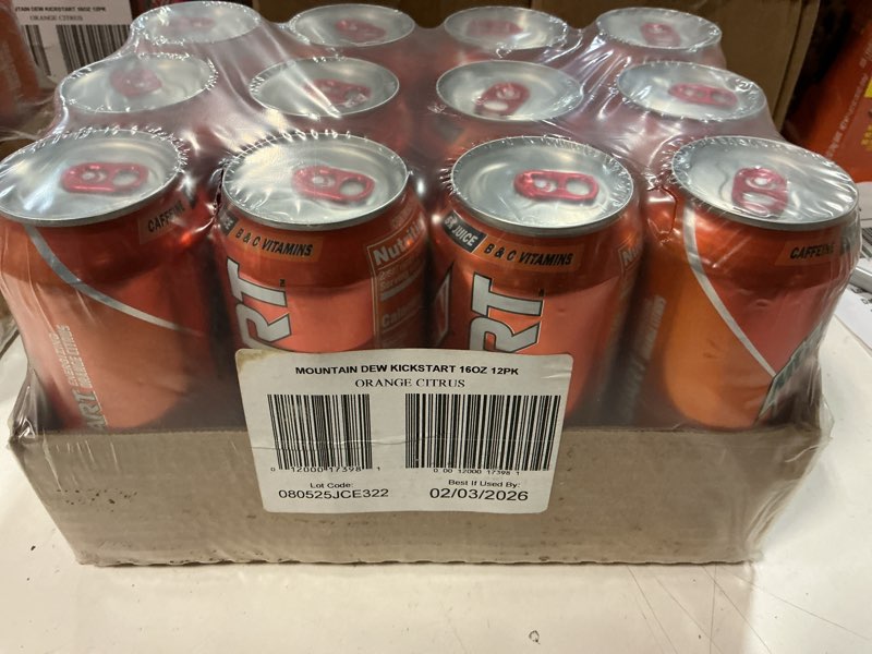 Condition photo showing New/Like New for (Best By 02/03/2026) Mountain Dew Kickstart, Orange Citrus, 92mg Caffeine, Vitamins B & C, 80 Calories, 5% Juice, 16 Fl Oz (Pack of 12) Orange Citrus 16 Fl Oz (Pack of 12)