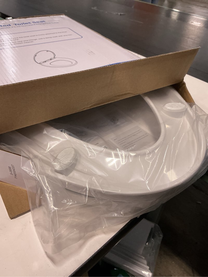 Condition photo showing New/Like New for toilet seat elongated, slow close hinges, four non-slip bumpers, easy to install and clean, durable plastic, white – two sets of mounting parts included elongated white - adult seat
