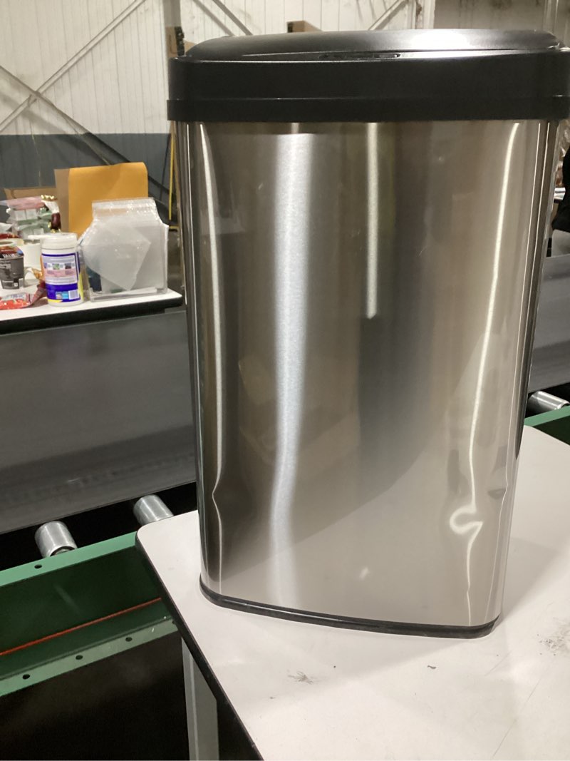 Condition photo showing As Is for Ninestars Automatic Touchless Infrared Motion Sensor Trash Can, 13 Gal 50L, Stainless Steel Base (Rectangular, Black Lid), Black Trim